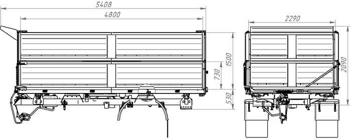 схема самосвального кузова С8592-21 с трехсторонней разгрузкой объём 16,4 куб. м г/п 15 т