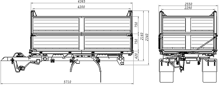 схема самосвального кузова С8592-20 с разгрузкой на 3 стороны объём 14,4 куб. м г/п 15 т
